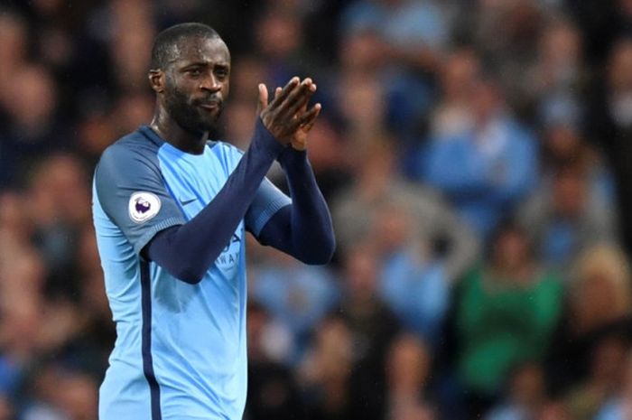 Ekspresi gelandang Manchester City, Yaya Toure, di pertandingan lanjutan Liga Inggris melawan West Bromwich Albion di Stadion Etihad pada 16 Mei 2017.