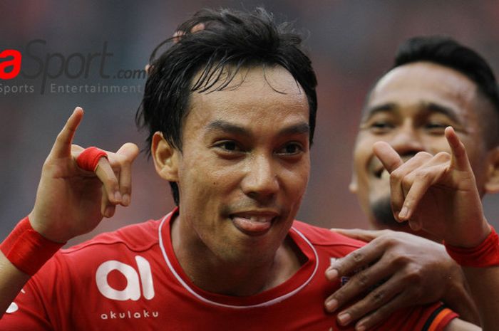 Selebrasi winger Persija, Novri Setiawan seusai mencetak gol ke gawang Barito Putera pada lanjutan Liga 1 2018 di Stadion Patriot, Kota Bekasi, 30 Oktober 2018. 