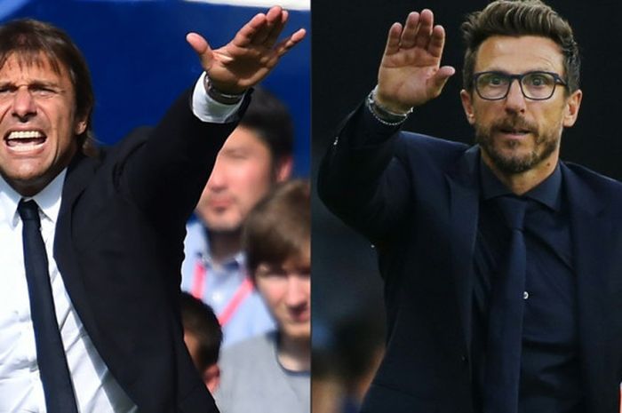 Pelatih Chelsea, Antonio Conte (kiri), dan pelatih AS Roma, Eusebio Di Francesco, akan beradu cerdas dalam partai Liga Champions di Stamford Bridge, London, 18 Oktober 2017.