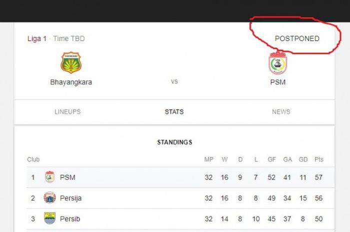 Kabar penundaan laga Bhayangkara FC Vs PSM Makassar.