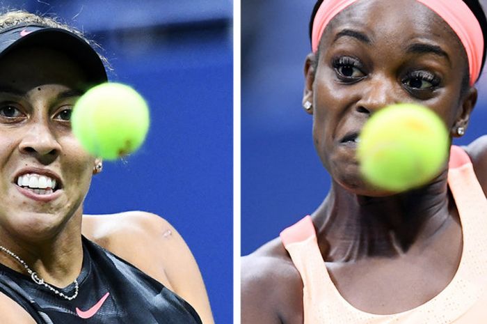 Petenis Amerika Serikat, Madison Keys (kiri) dan Sloane Stephens, saat berlaga pada babak semifinal AS Terbuka 2017 di Arthur Ashe Stadium, Flushing Meadows, New York, Amerika Serikat (AS), Jumat (8/9/2017).