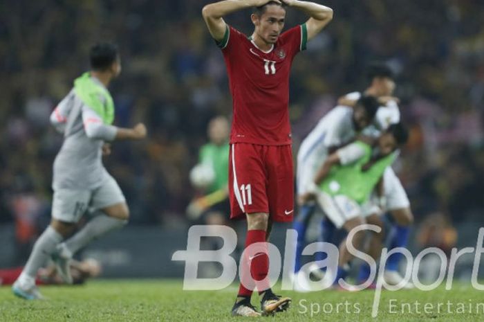 Reaksi pemain timnas u-22 Indonesia, Gavin Kwan Adsit, pada laga semifinal SEA Games 2017 kontra Malaysia di Stadion Shah Alam, Selangor, Malaysia pada Sabtu (26/8/2017).