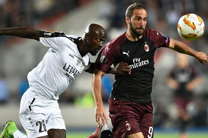 Penyerang AC Milan, Gonzalo Higuain (kanan), berduel dengan bek F91 Dudelange, Jerry Prempeh, dalam laga Grup F Liga Europa di Stadion Josy Barthel, Luksemburg pada 20 September 2018.