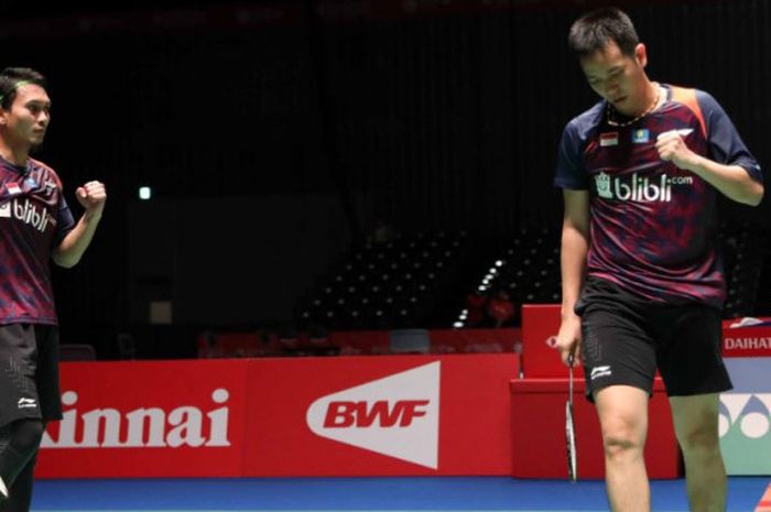 Pasangan ganda putra Indonesia, Mohammad Ahsan/Hendra Setiawan, saat tampil di Japan Open 2018. 