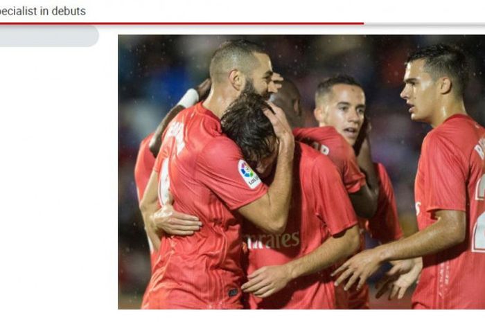 Penyerang Real Madrid, Karim Benzema, merayakan gol yang ia cetak ke gawang Melilla pada leg pertama babak 32 besar Copa del Rey di Stadion Alvarez Claro, Kamis (1/11/2018).