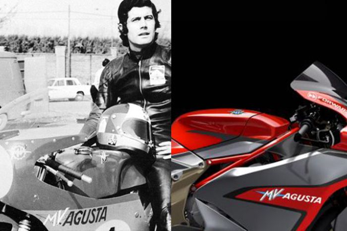 Pebalap legendaris MotoGP, Giacomo Agostini, bersama motor balap MV Agusta (kiri) dan gambar pratinjau dari motor terbaru MV Agusta untuk kejuaraan Moto2 musim 2019.