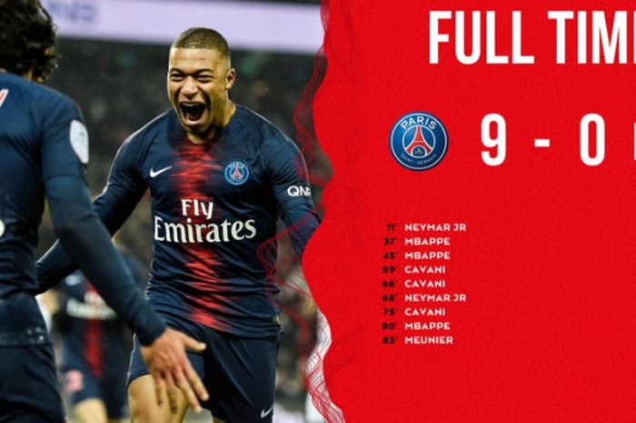 PSG mengalahkan Guingamp 9-0 dengan Edinson Cavani dan Kylian Mbappe masing-masing membukukan hat-trick, Sabtu (19/1/2019) di Stadion Parc des Princes.