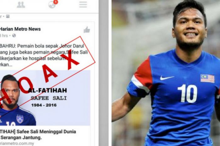 Kabar bohong soal meninggalnya striker klub Malaysia Super League (MSL) 2016, Johor Darul Takzim, Safee Sali, di laman facebook akun Harian Metro News, Senin (26/9/2016).