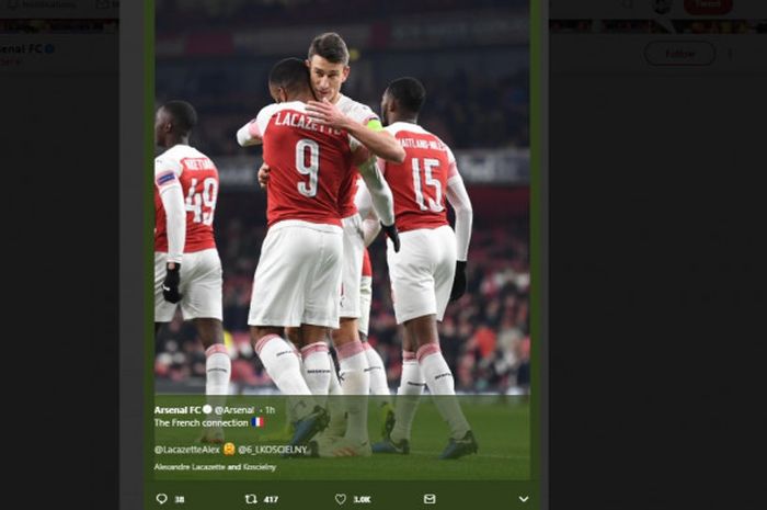 Laurent Koscielny dan Alexandre Lacazette saat melawan  Qarabag di Stadion Emirates, pada Kamis (13/12/2018) atau Jumat dini hari WIB.