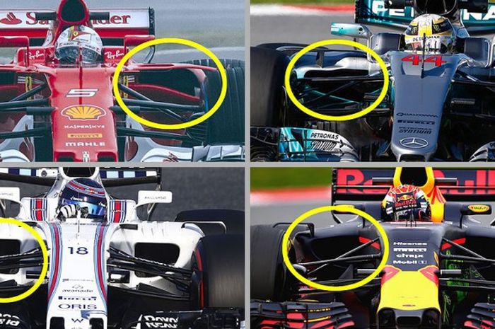 Perbandingan lubang udara menuju sidepod antara Ferrari, Mercedes, Red Bull, dan Williams.