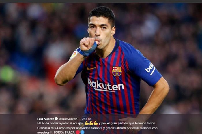 Selebrasi striker Barcelona, Luis Suarez, usai mencetak gol ke gawang Real Madrid pada laga El Clasico di Camp Nou, Minggu (28 Oktober 2018).