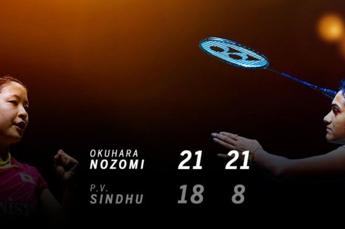 Ilustrasi pertandingan Nozomi Okuhara vs P.V. Sindhu di babak kedua Jepang Terbuka 2017.