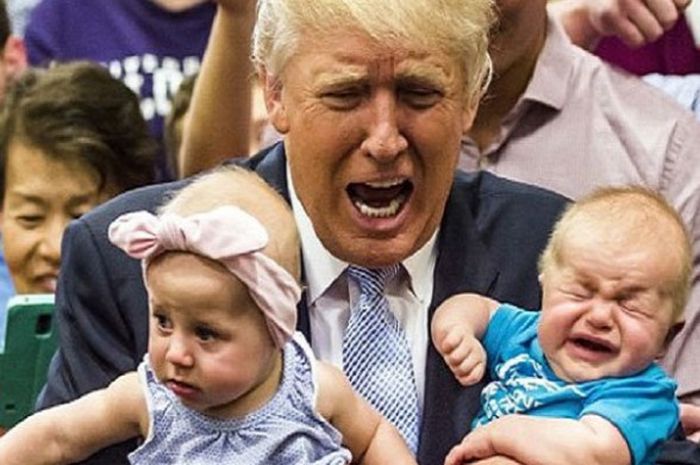 Ilustrasi Donald Trum menggendong bayi 