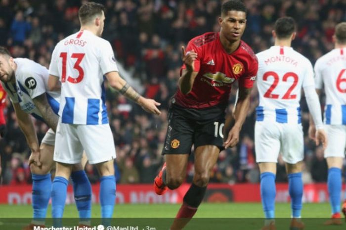 Marcus Rashford saat mencetak gol bagi Manchester United ke gawang Brighton and Hove Albion pada pek