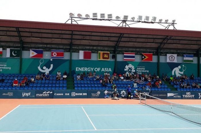 Suasana pertandingan perempat final tenis nomor tunggal putri saat Ardila Sutjiadi (bawah) menerima bola dari Wang Qiang (China) pada Rabu (22/8/2018) di Tennis Court, Kompleks Jakabaring, Palembang Sumatra Selatan.