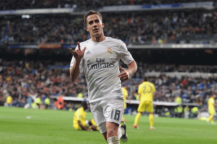 Selebrasi Lucas Vazquez setelah mencetak gol kegawang Villareal dalam pertandingan La Liga di Estadio Santiago Bernabeu, 20 April 2016. 