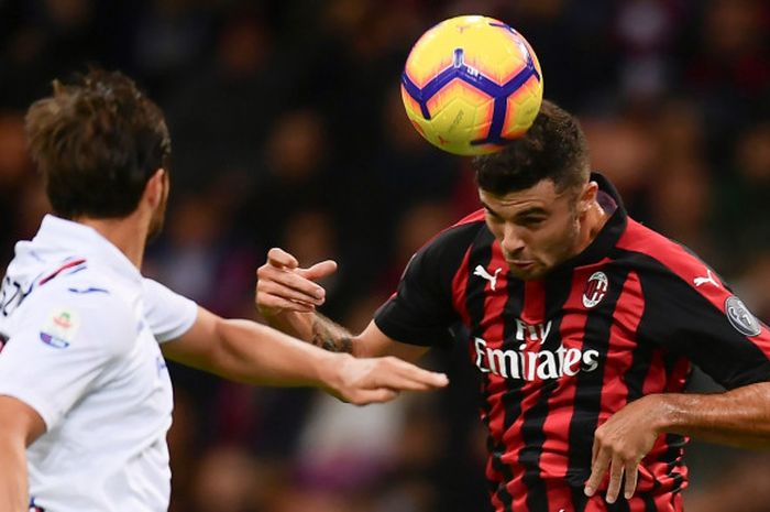 Striker AC Milan, Patrick Cutrone, mencetak gol dalam laga Liga Italia melawan Sampdoria di Stadion San Siro, 28 Oktober 2018.