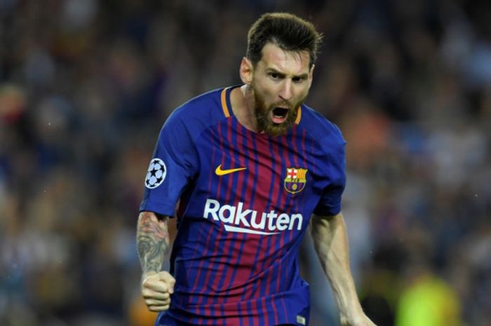 Megabintang FC Barcelona, Lionel Messi, merayakan gol yang dia cetak ke gawang Juventus dalam laga Grup D Liga Champions di Stadion Camp Nou, Barcelona, Spanyol, pada 12 September 2017.