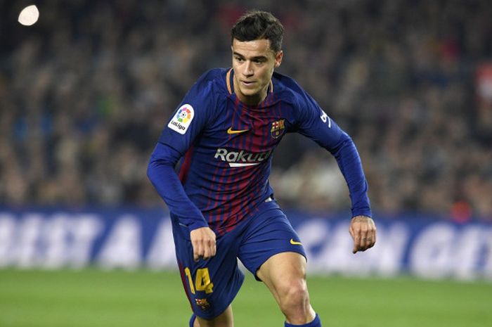 Gelandang FC Barcelona, Philippe Coutinho, beraksi dalam laga leg kedua perempat final Copa del Rey kontra Espanyol di Stadion Camp Nou, Barcelona, pada 25 Januari 2018.