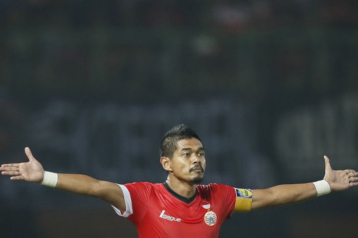    Ekspresi striker Persija, Bambang Pamungkas alias Bepe saat timnya mengalahkan Semen Padang pada 