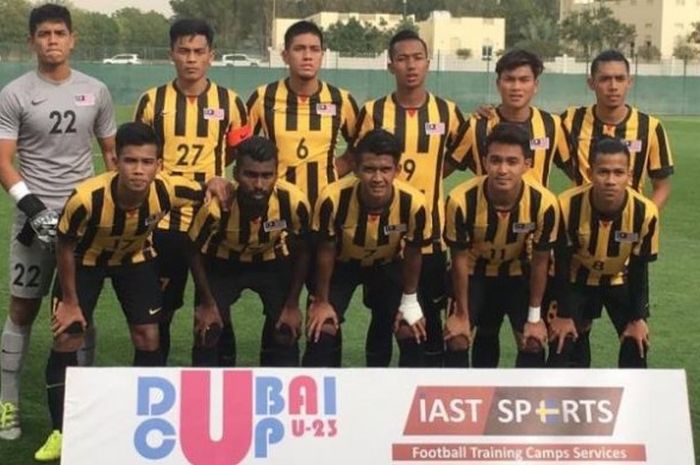 Malaysia U-22 sebelum meladeni Thailand U-22 pada laga hari kedua Dubai Cup 2017 pada Kamis (23/3/2017) sore. 