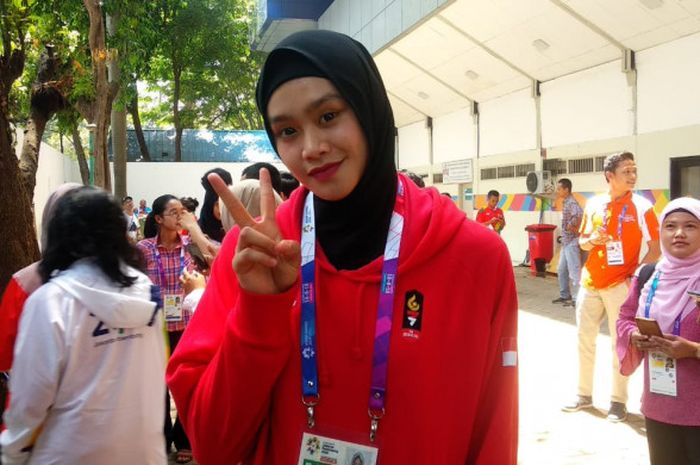 Atlet voli putri Indonesia, Wilda Siti Nurfadilah, berpose seusai pertandingan perebutan peringkat ke-7 Asian Games 2018 melawan Filipina, di GOR Bulungan, Jakarta, Sabtu (1/9/2018).