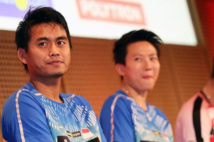  Ekspresi Tontowi Ahmad pada acara pemberian apresiasi bagi juara Indonesia Open 2018 di Galeri Indo