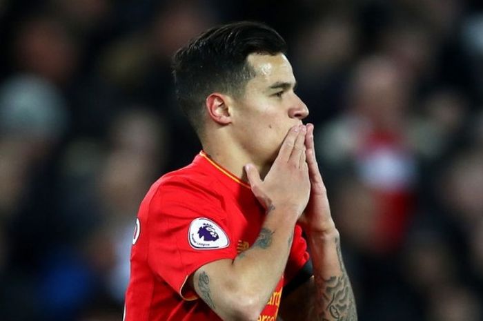 Selebrasi Philippe Coutinho dalam laga Premier League antara Liverpool kontra AFC Bournemouth di Anfield, 05 April 2017. 