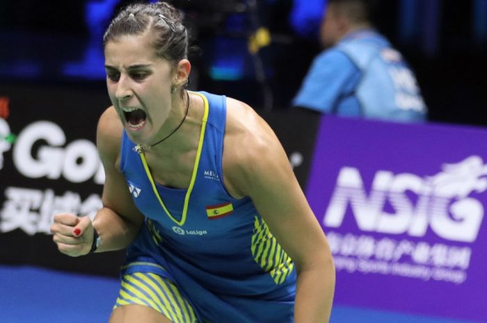 Ekspresi Carolina Marin (Spanyol) saat menjalani laga semifinal Kejuaraan Dunia 2018 yang berlangsung Sabtu (4/8/2018).