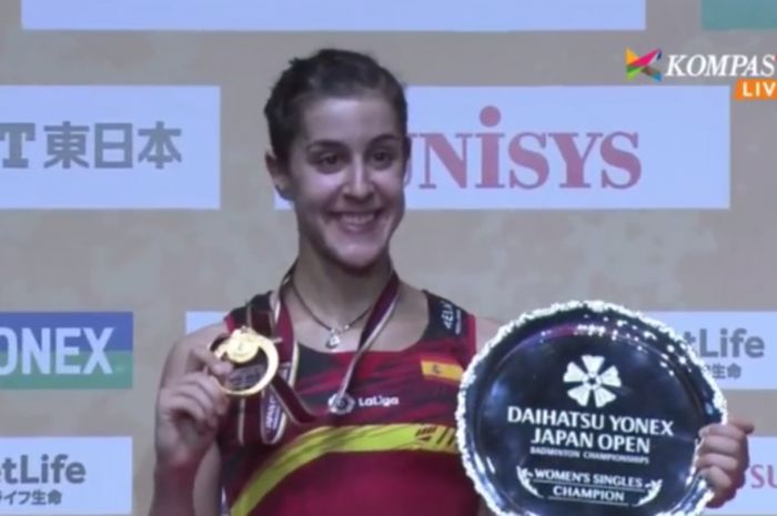 Carolina Marin berhasil menjadi juara Japan Open Superseries setelah mengalahkan He Bingjiao dengan skor 23-21, 21-12, pada laga final yang digelar Minggu (24/9/2017). 