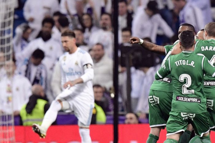 Para pemain Leganes merayakan gol yang dicetak ke gawang Real Madrid dalam laga leg kedua perempat final Copa del Rey di Stadion Santiago Bernabeu, Madrid, Spanyol, pada 24 Januari 2018.