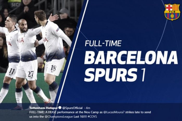 Lucas Moura menjadi penyelamat Tottenham Hotspur usai mencetak gol ke gawang Barcelona dan membuat kedua tim lolos ke babak 16 besar Liga Champions