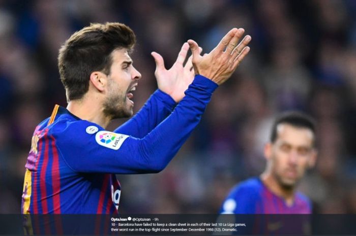 Gerard Pique setelah gawang Barcelona kebobolan dari Real Betis pada laga Liga Spanyol pekan ke-12, Minggu (11/11/2018)