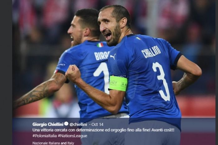 Bek dan kapten timnas Italia, Giorgio Chiellini, berselebrasi dalam laga UEFA Nations League kontra timnas Polandia, di Stadion Slaski, Chorzow, pada 15 Oktober 2018.