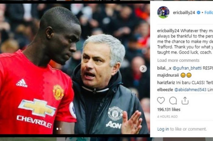 Bek Manchester United, Eric Bailly, memberikan salam perpisahan kepada Jose Mourinho.