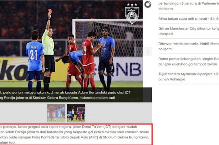 Pemberitaan media Malaysia soal kemenangan Persija Jakarta atas klub sepak bola Negeri Jiran Johor Darul Takzim (JDT) di Stadion Utama Gelora Bung Karno (SUGBK), Senayan, Jakarta, Selasa (10/4/2018).