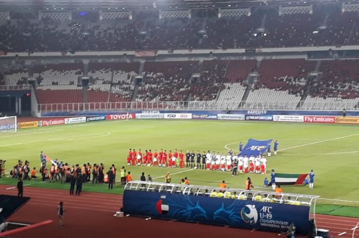   Partai timnas U-19 Indonesia versus Uni Emirat Arab, Rabu (24/10/2018).  