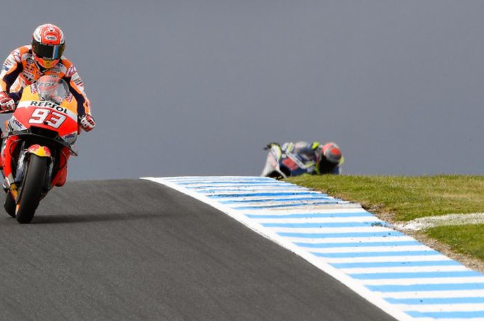 Marc Marquez saat menjalani sesi latihan bebas MotoGP Australia di Sirkuit Phillip Island, Australia, pada Jumat (26/10/2018).