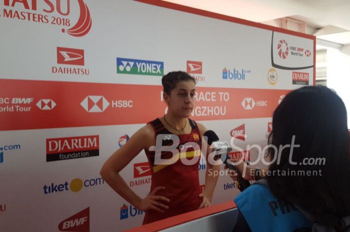 Pebulu tangkis tunggal putri asal Spanyol, Carolina Marin usai mengalahkan pebulu tangkis tunggal putri asal Denmark, Line Hojmark Kjaersfeldt di babak kedua Indonesia Masters 2018, Kamis, (25/01/2018).