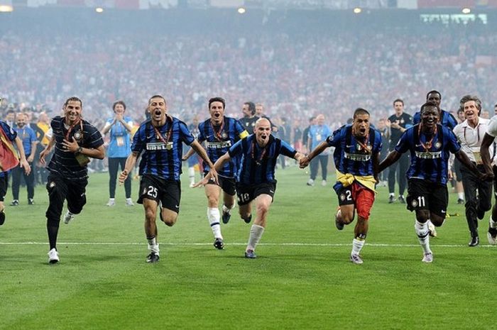 Selebrasi kemenangan pemain Inter Milan usai mengalahkan Bayern Muenchen di partai final Liga Champions 2009-2010 di Stadion Santiago Bernabeu, Madrid, (22/5/2010).