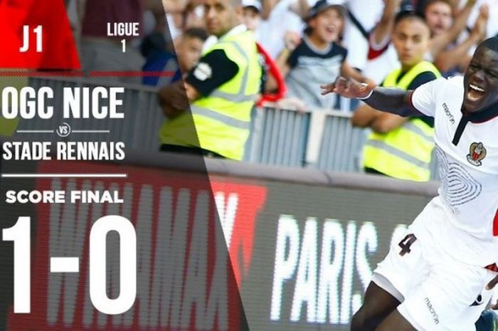 Malang Sarr, merayakan gol penentu kemenangan Nice atas Rennes.