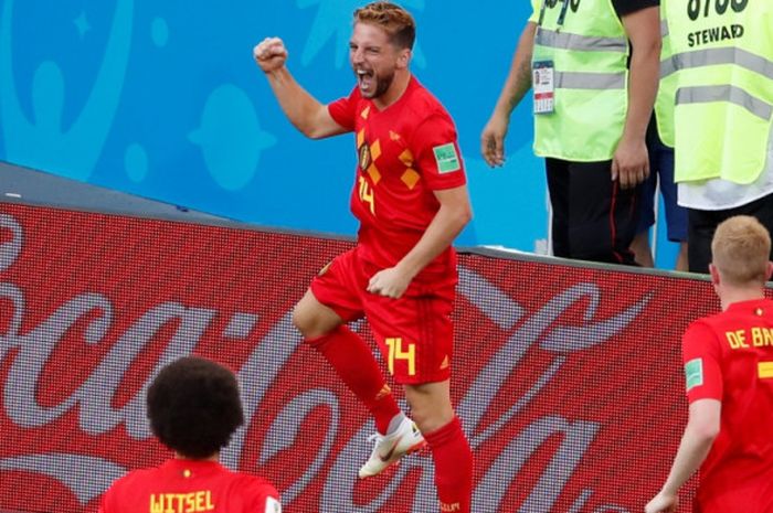 Penyerang Timnas Belgia, Dries Mertens, merayakan golnya dalam laga Grup G Piala Dunia 2018 melawan Panama, 18 Juni 2018 di Fisht Stadium, Sochi.