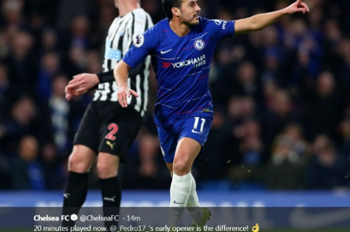 Penyerang Chelsea, Pedro Rodriguez, melakukan selebrasi seusai menjebol gawang Newcastle United dalam partai Liga Inggris di Stamford Bridge, Sabtu (12/1/2019)