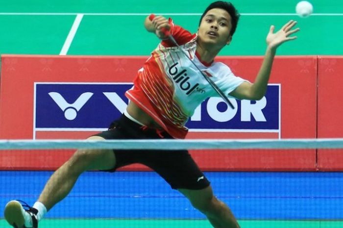 Tunggal putra Indonesia, Anthony Sinisuka Ginting, ketika tampil pada partai ketiga menghadapi Hongkong pada babak kualifikasi Piala Thomas, Jumat (19/2/2016).