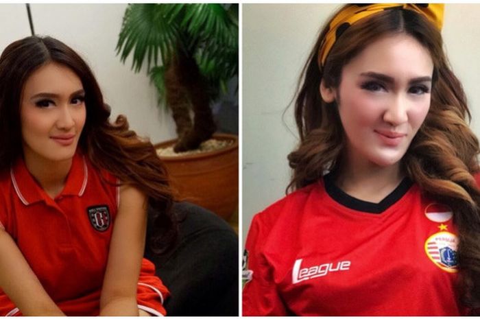 Intan Saumadina memakai Jersey Bali United (kiri) dan Persija Jakarta