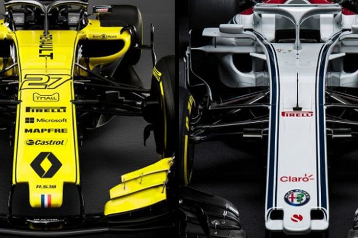 Livery atau tampilan baru tim Renault (kiri) dan Sauber (kanan) pada kejuaraan Formula 1 musim 2018.