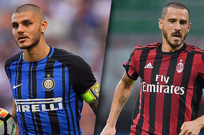 Striker Inter Milan, MAURO ICARDI (kiri), menguji kekuatan daya tahan  lini belakang bek AC Milan yang dikawal Leonardo Bonucci.