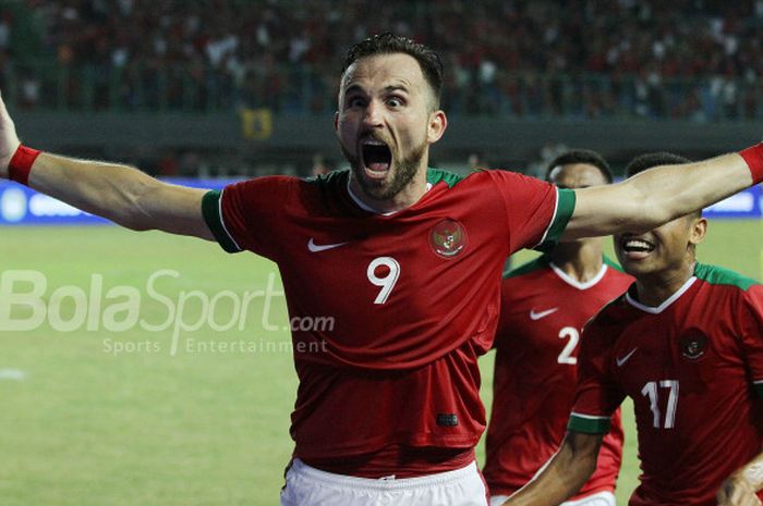  Selebrasi Ilija Spasojevic yang berhasil cetak gol ke gawang Guyana, Sabtu (25/11/2017) 