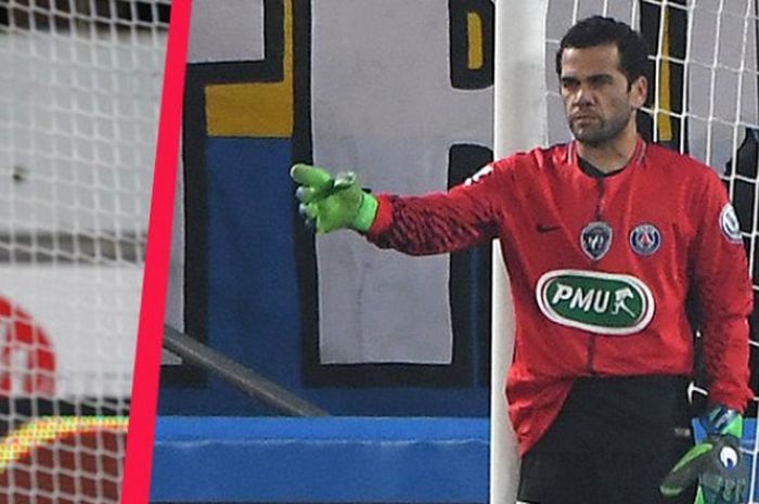  Dani Alves menjadi kiper saat laga Piala Prancis antara Paris Saint-Germain Vs Sochaux di Stadion Auguste Bonal, Selasa (6/2/2018) atau Rabu dini hari WIB  