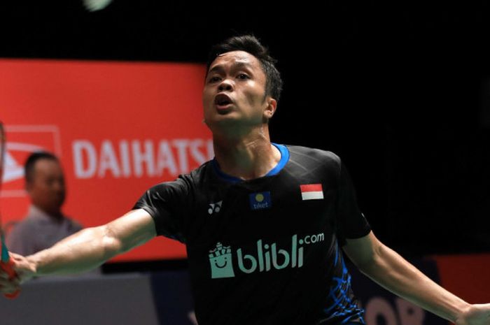 Pebulu tangkis tunggal putra Indonesia, Anthony Sinisuka Ginting, saat tampil pada babak kedua Malaysia Masters 2019 melawan Kashyap Parupalli (India), pada pertandingan babak kedua Malaysia Masters 2019, Kamis (17/1/2019) di Axiata Arena, Bukit Jalil, Kuala Lumpur, Malaysia.